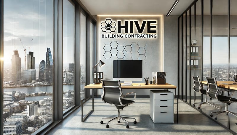 DALL·E 2024-06-14 05.16.29 - A modern, sleek office interior with large glass windows overlooking a cityscape, similar to a London office. The interior should have a professional